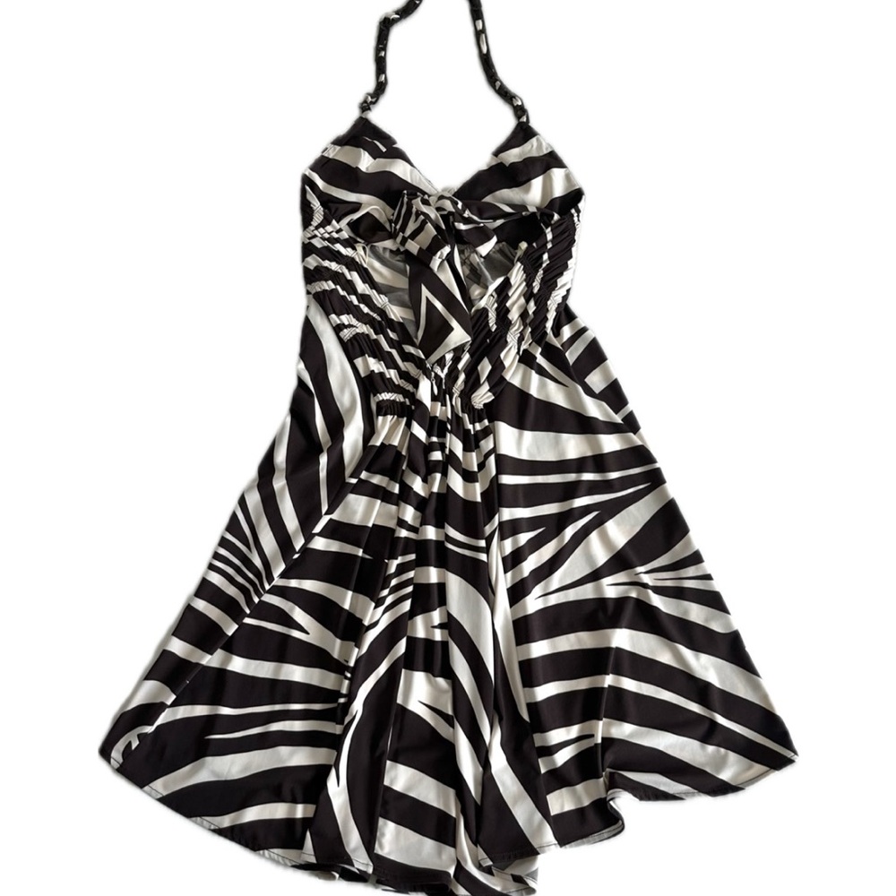 VINTAGE Y2K BCBGMaxazria Tiger Printed Mini Halter Dress Chain Neck Strap Mini-M - Picture 3 of 15